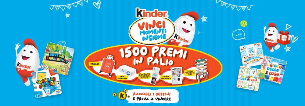Concorso Kinder Vinci Momenti Insieme 2025 con premi instant win trolley stampanti tavoli da gioco
