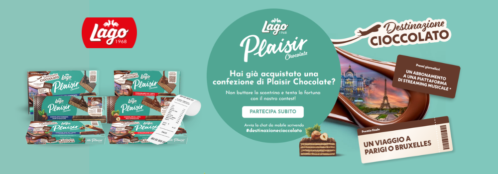 banner del concorso destinazione cioccolato del marchio Plaisir Chocolate di Lago 1968