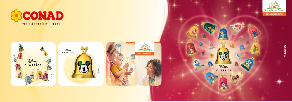 Collezione campanelle Disney Conad 2025 con 13 personaggi classici per Natale e campanella oro Topolino edizione limitata.
