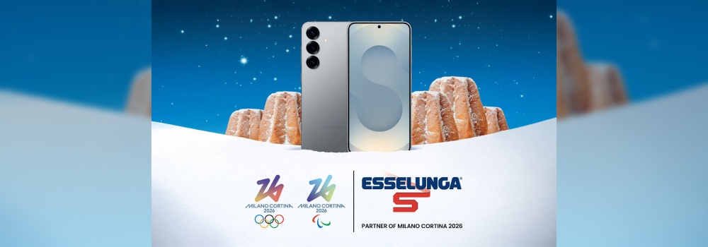 Locandina del Concorso di Natale 2025 Esselunga con prodotti Samsung e logo Milano Cortina 2026 su sfondo natalizio