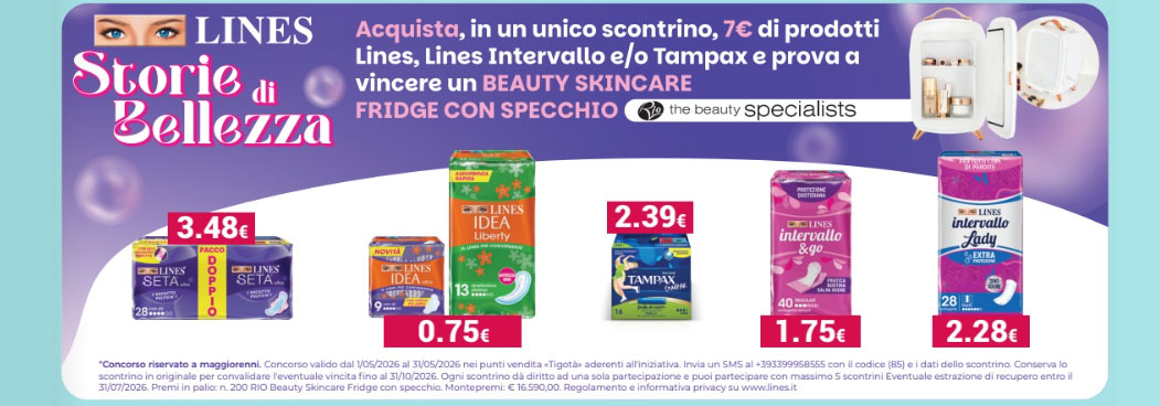 Vinci un mini frigo per la tua skincare con Lines e Tampax: partecipa al concorso Tigotà!