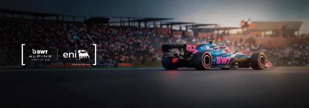 Concorso Eni: monoposto BWT Alpine Formula One Team in pista con loghi BWT Alpine e Eni Premium Partner